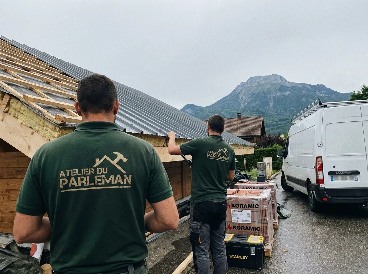 Deux couvreurs de l'Atelier du Parleman posent une couverture en bac acier sur liteaux à Dingy-Saint-Clair